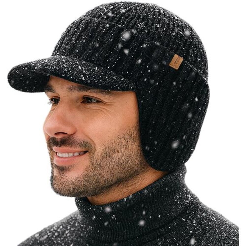 New‎ Waterproof Merino Wool Beanie Hat with Brim Ear Flaps Fleece